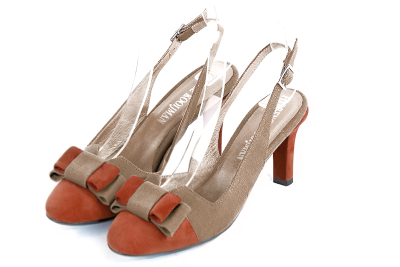 Terracotta orange and tan beige women's open back shoes, with a knot. Round toe. High slim heel. Front view - Florence KOOIJMAN